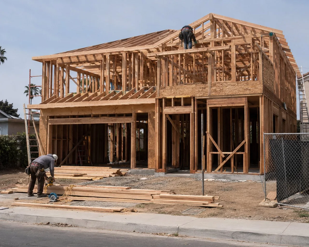 Casa en estructura de madera con la cuadrilla trabajando