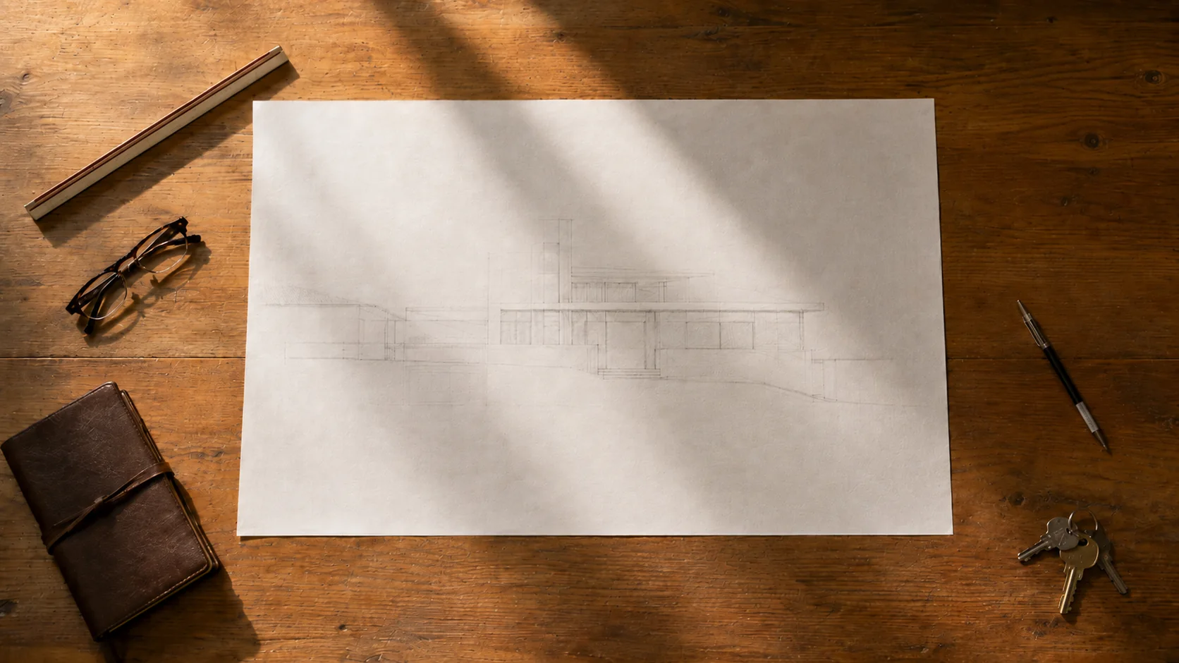 Mesa de dibujo con un plano enrollado y luz de mañana