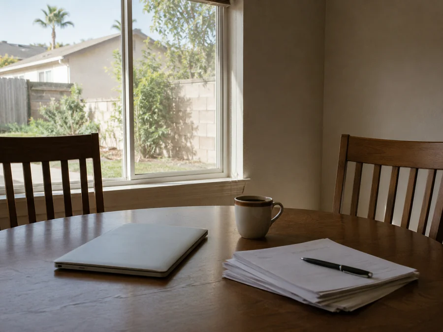 Mesa junto a la ventana con papeles y una laptop cerrada