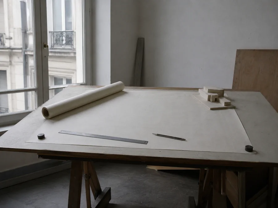 Mesa de dibujo con un plano enrollado, regla y maqueta