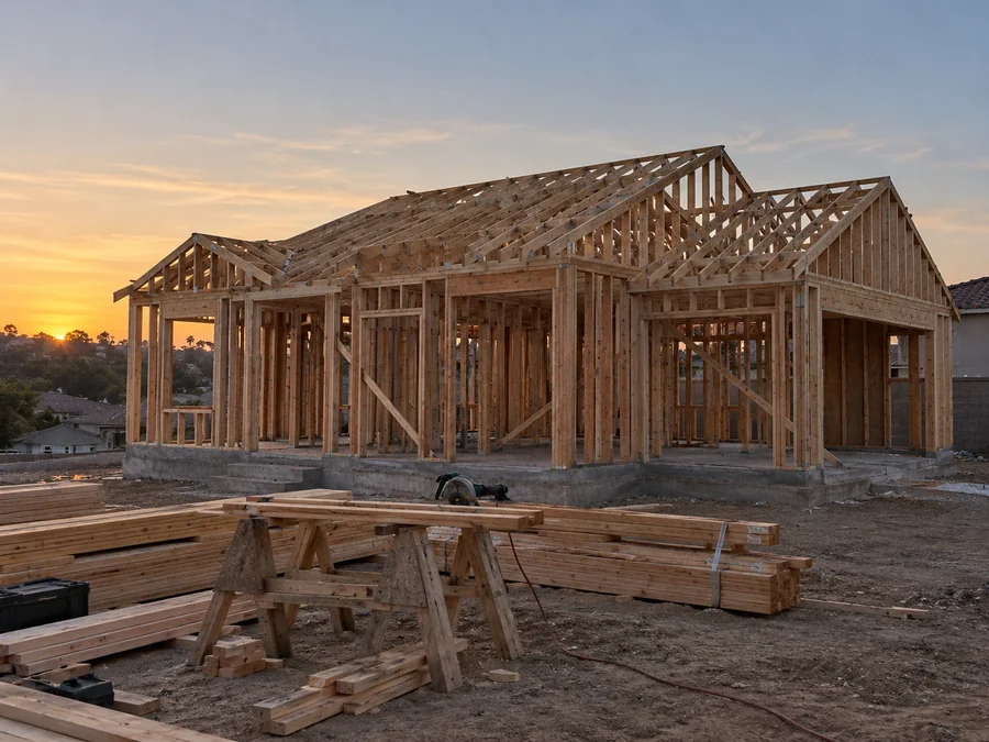 Casa en estructura de madera al final del día